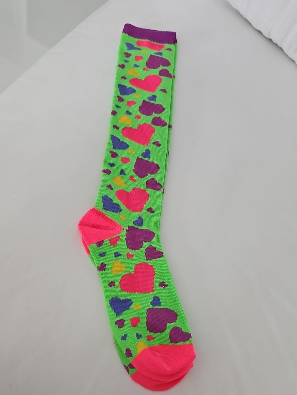 Bright Neon Green Heart-Print Knee Socks with Pink Accents